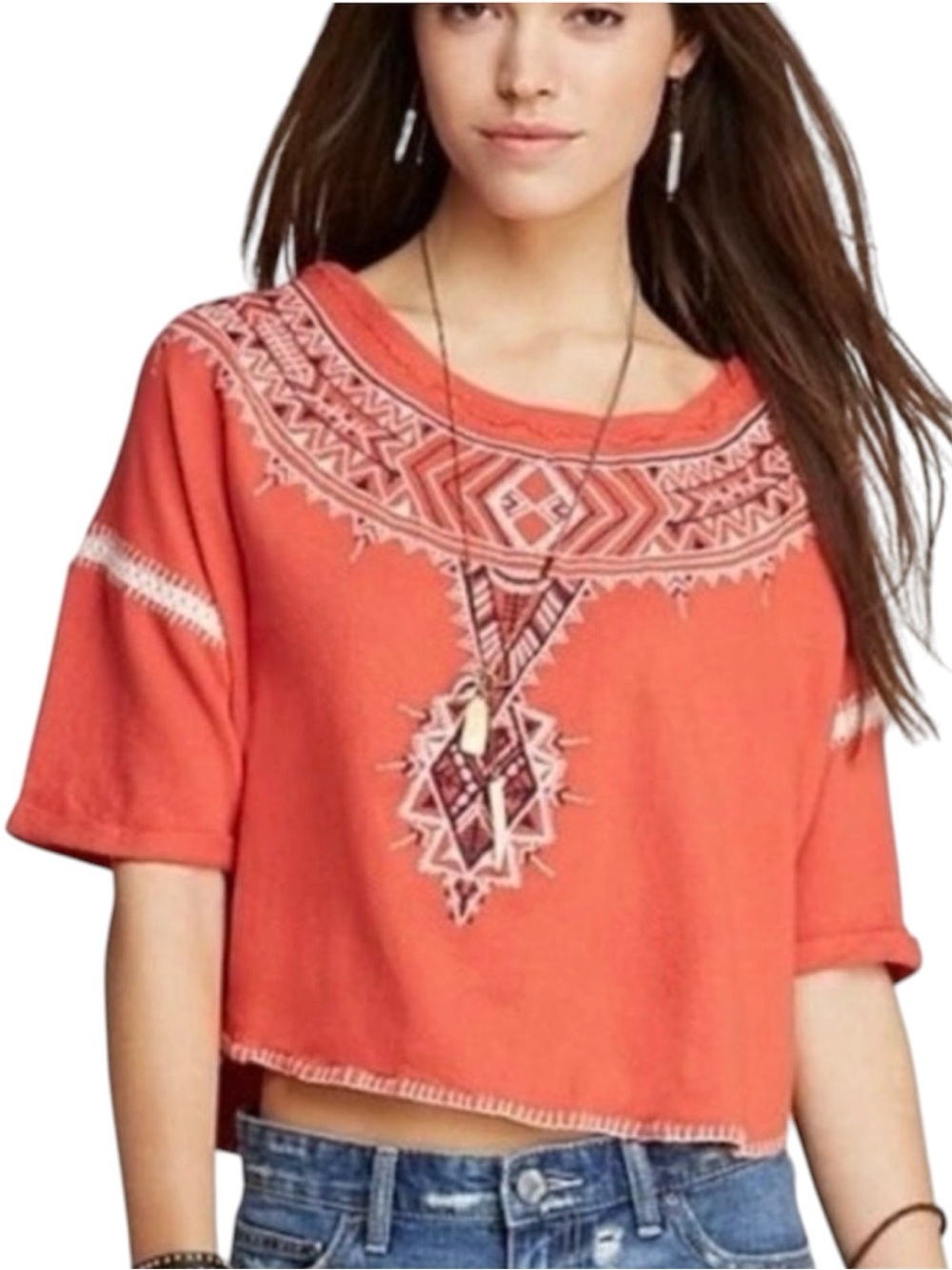 FREE PEOPLE Avalon Embroidered Aztec Coral Tee Size Medium